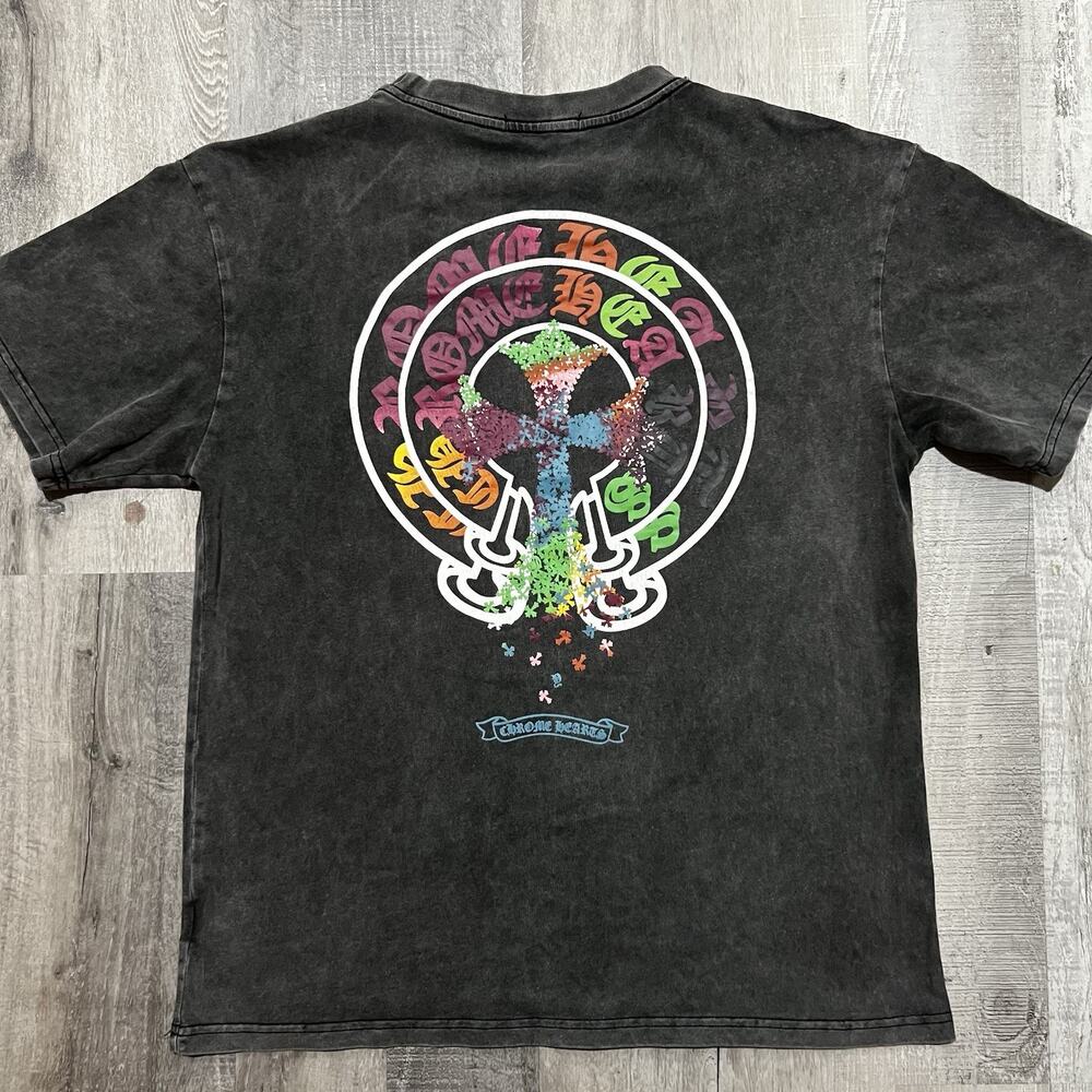 Chrome Hearts Black Faded Acid Wash Colorful Horseshoe Print T Shirt Size S